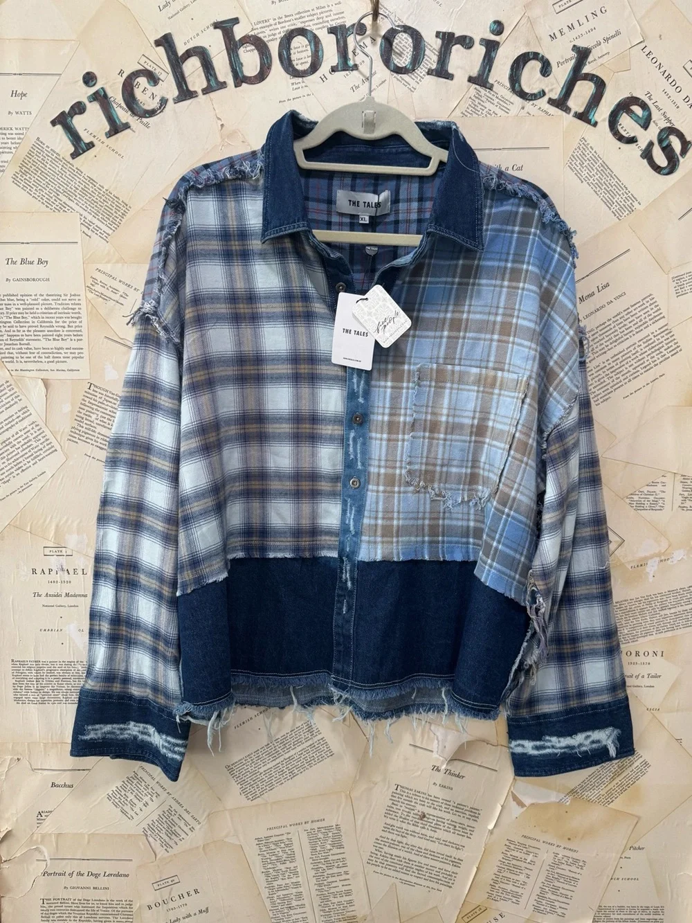 Free People The Tales Mixed Denim Flannel Button Down Plaid Frayed Blue - Picture 5 of 6